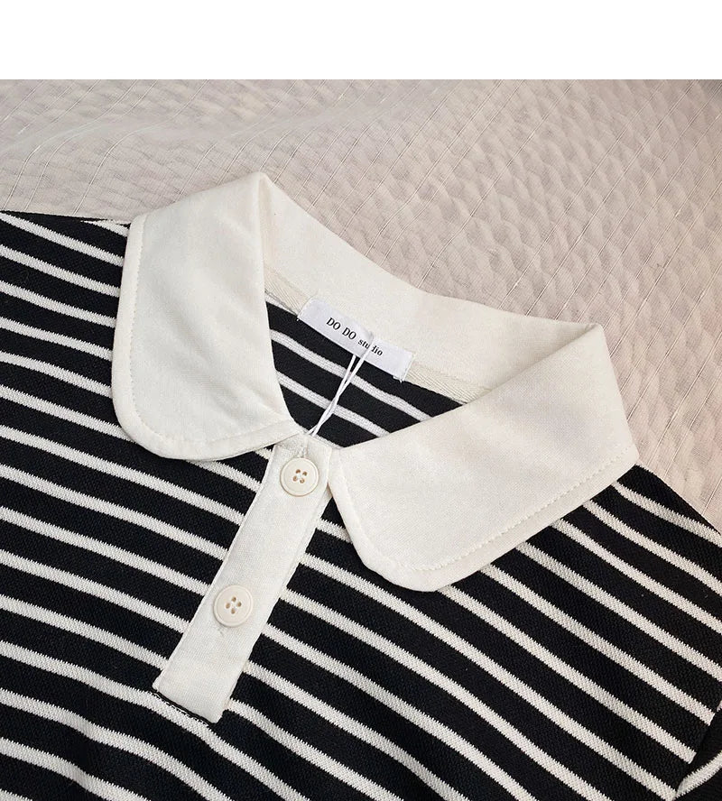 Hnewly  Classic Black White Striped Sweatshirts Casual Loose Turn-down Collar  Women's Spring 2025 New Korean Long Sleeve T-shirt Top