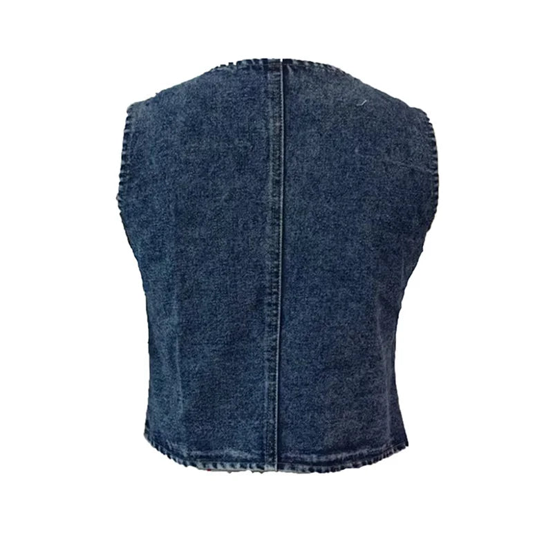 Hnewly Denim Tank Tops for Women Summer Solid Color V Neck Single Breasted Sleeveless Jeans Vest y2k Waistcoat Streetwear