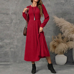 Hnewly  Fashion Round Neck Long Sleeve Solid Colour Casual Maxi Dress for Female Simple Daily Versatile High Waist Comfy Dress