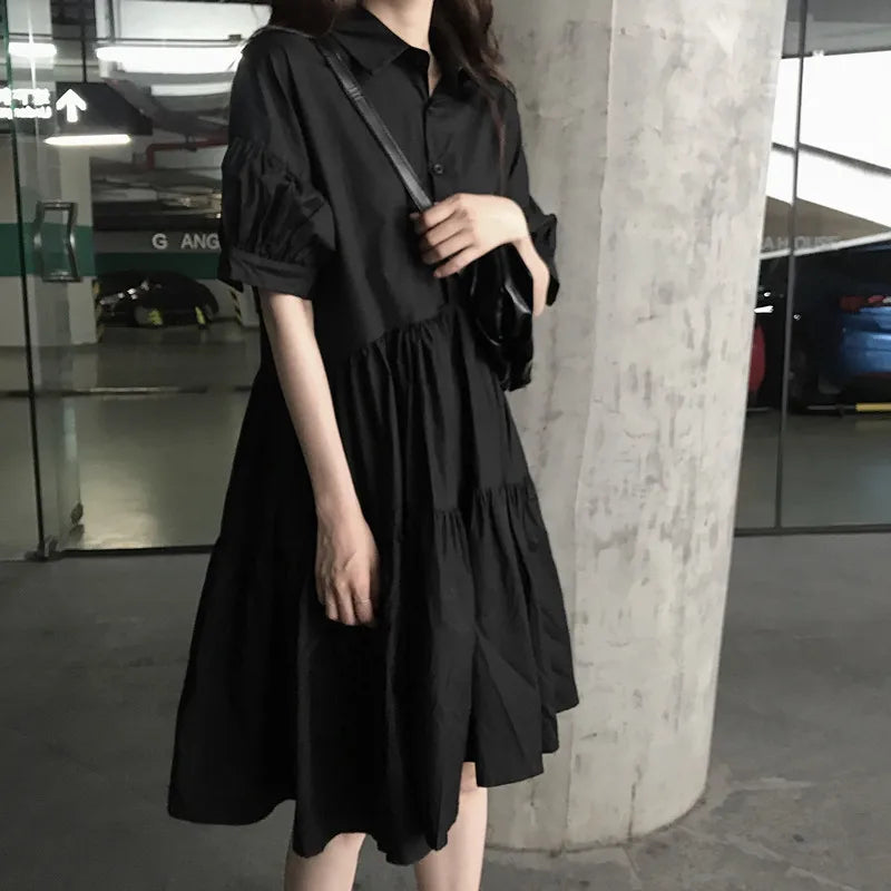 Hnewly  Slimming Vintage Black Dress Summer New Style Fashionable Casual Wear Polyester Fiber Short Sleeve Standard Fit Gored Skirt