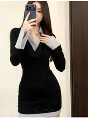 Hnewly  Sexy  Collar Color Block Short Dress Women's Slim Fit Wrap around Skirt Spring Autumn Winter Long Sleeve Breathable Skin ...