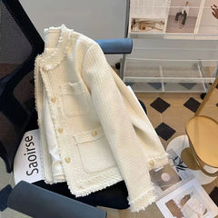 Hnewly Fashion Tweed Jacket Women Winter Thick Warm Single Breasted O Neck Coats Korean Elegant Office Lady All Match Outwear Mujer New