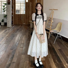 Hnewly  Women Dresses Women Lace Patchwork Peter Pan Collar Polka Dot Puff Short Sleeve Summer Fashion Sweet Elegant Dress