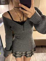 Hnewly  Autumn Winter Woman French Style Sexy Ladies Vintage V-neck Sweater Gray Knitted Pullover Retro All Match Sweaters