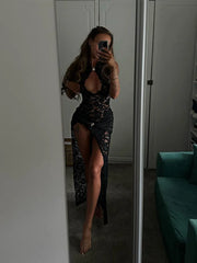 Hnewly  Lace Dresses For Women Fashion Sexy Elegant Solid Sleeveless Tank Hollow Out O-Neck High Side Split Slim Fit Long Vestidos Robes