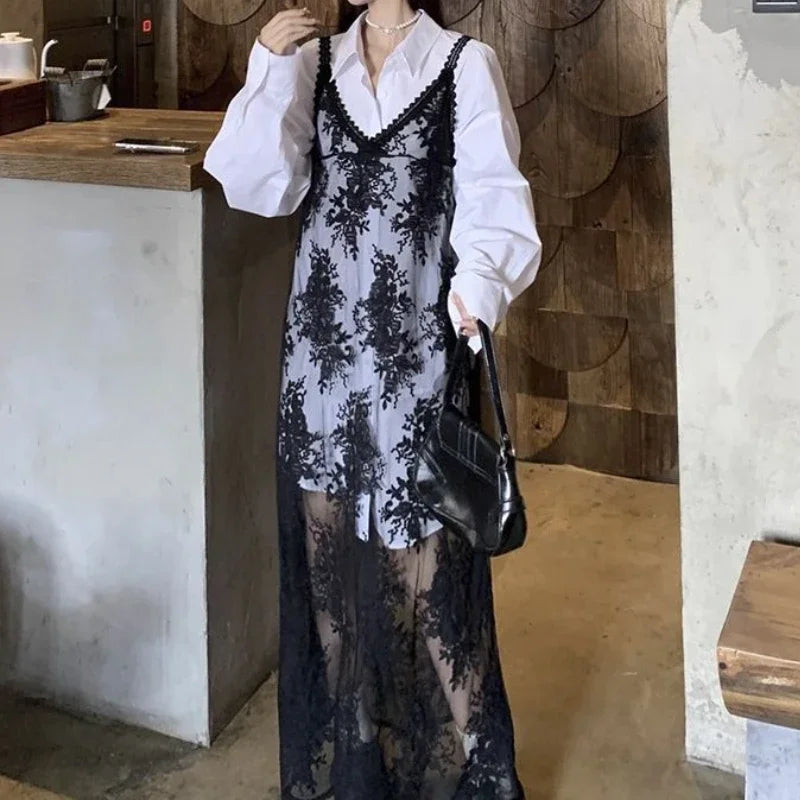 Hnewly  Lace Floral Transparent Dresses Women Black Sexy Long Dress Korean Sleeveless Holiday Dress Vacation Streetwear Party