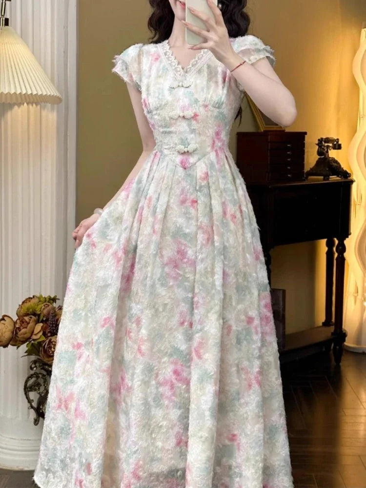 Hnewly  Sweet Elegant Long Floral Dress Women Casual Vintage Lace Korean Fairy Dress Female Summer Beach Luxury Evening Party Dress