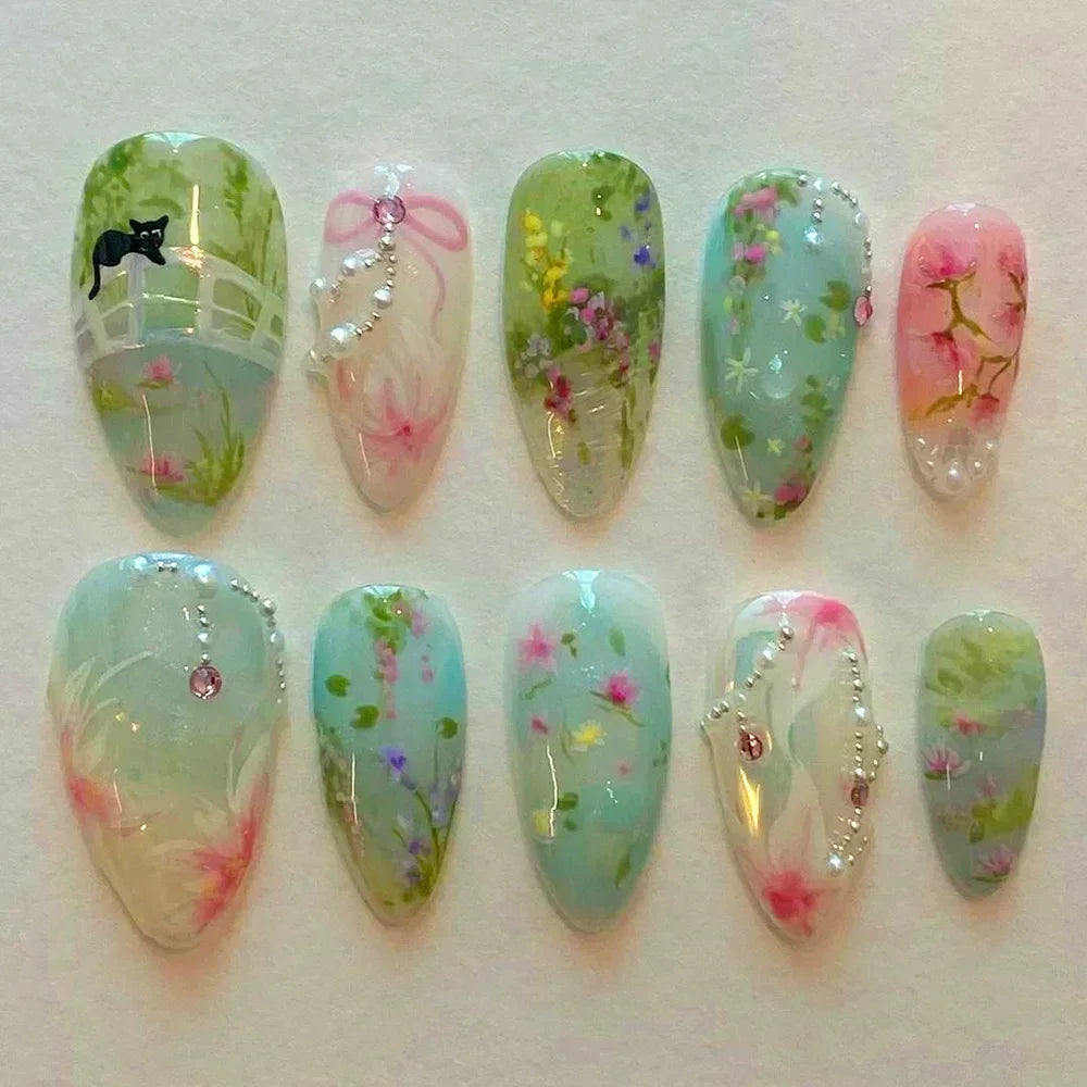 Hnewly 24Pcs Pink Almond French Press on Nails With 3D Bow ripple charms Design Fake Nails Ballerina False Nails Full Cover Nail Tips