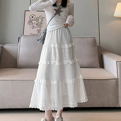 Hnewly  Elegant Lace Patchwork White Cake Skirt Women Summer Hollow Out Draped Long Skirts Lady Casual A-Line Elastic Waist Skirt Mujer