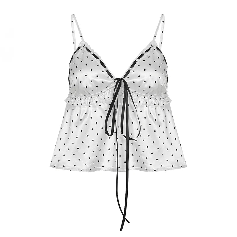 Hnewly Cute Ruched Stitching Camis Women Summer Casual Loose A-line Crop Tops Kawaii Lace-up Bow Patchwork V-neck Tees Aesthetic