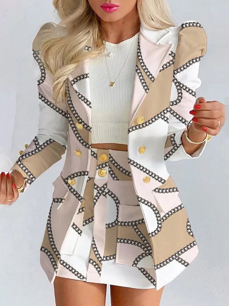Hnewly Spring Autumn New Printed Suit Set Short Skirt Women's Temperament Slim Tops Coat + Half Mini Skirt Female Office Suit Sets Kirt
