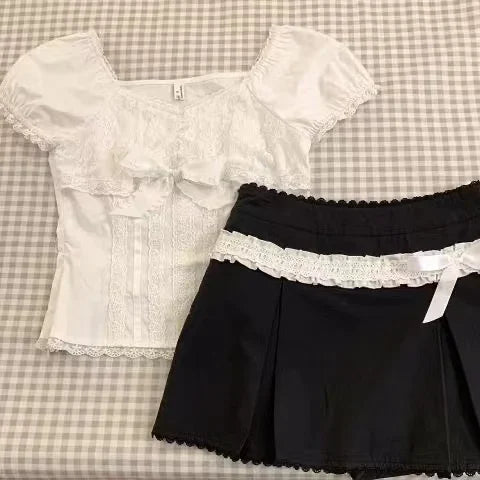 Hnewly Lace White Slim Kawaii Cute Women Clothes T Shirt Suit Harajuku Sexy Sweet Girl Japanese Grunge Crop Top 90s Baby Tee Femme Y2k