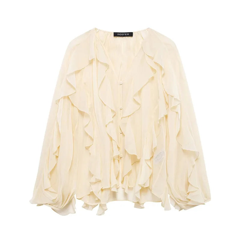 Hnewly Fashion Women Stacked Lotus Leaf Edge Blouse Casual Long Sleeve V Neck Mesh Sheer Loose Shirt New Style Female Commute Top