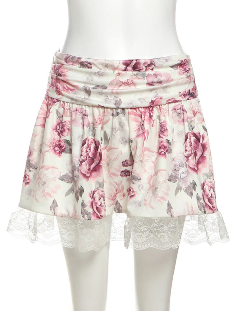 Hnewly  Flower Print 2-Piece Set Women Y2K Single-Breasted Metal Buckle Wrap Top+Lace Folds Hem Skirt Sweet Matching Suits