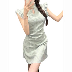 Hnewly  New Chinese Style Dress Women's Summer Chinese Style Cheongsam Elegant High-grade Tight Waist Green Short Dress