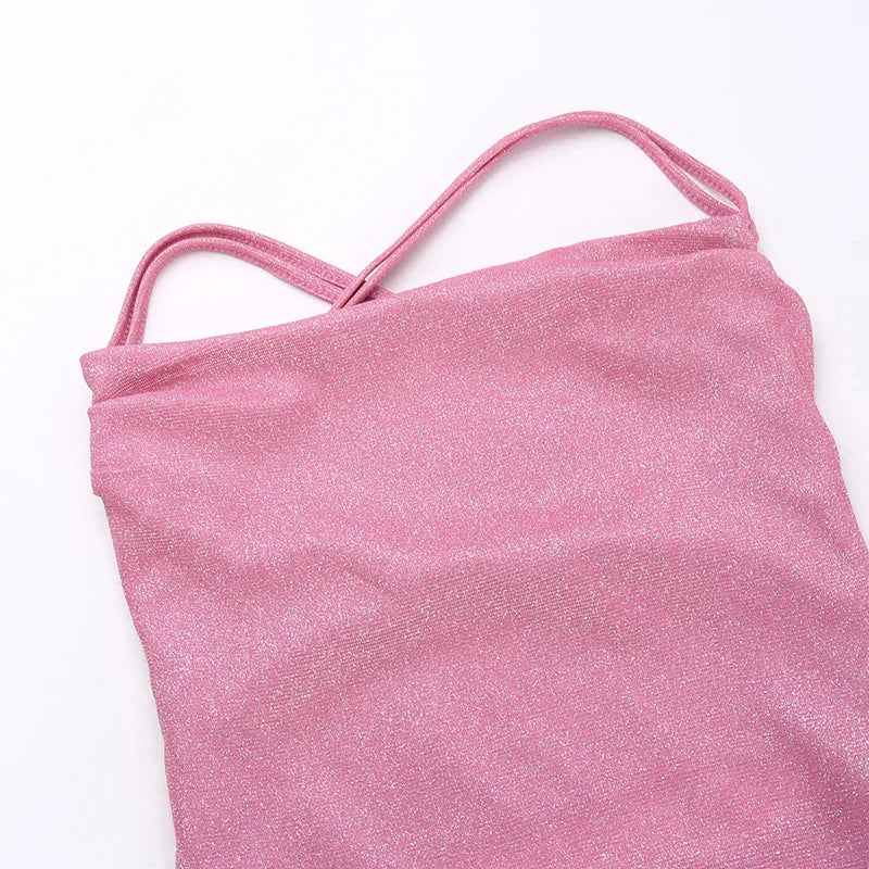 Hnewly Sparkling Pink Backless Strappy Dress European And American Fashion Sexy Women's Clothing