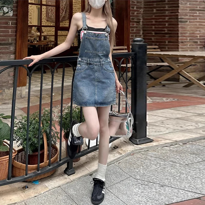 Hnewly  Slimming Design Denim Overalls Short Skirt Women's Summer plus Size Belly in to Thin Dress College Style Sleeveless A-Line Skirt