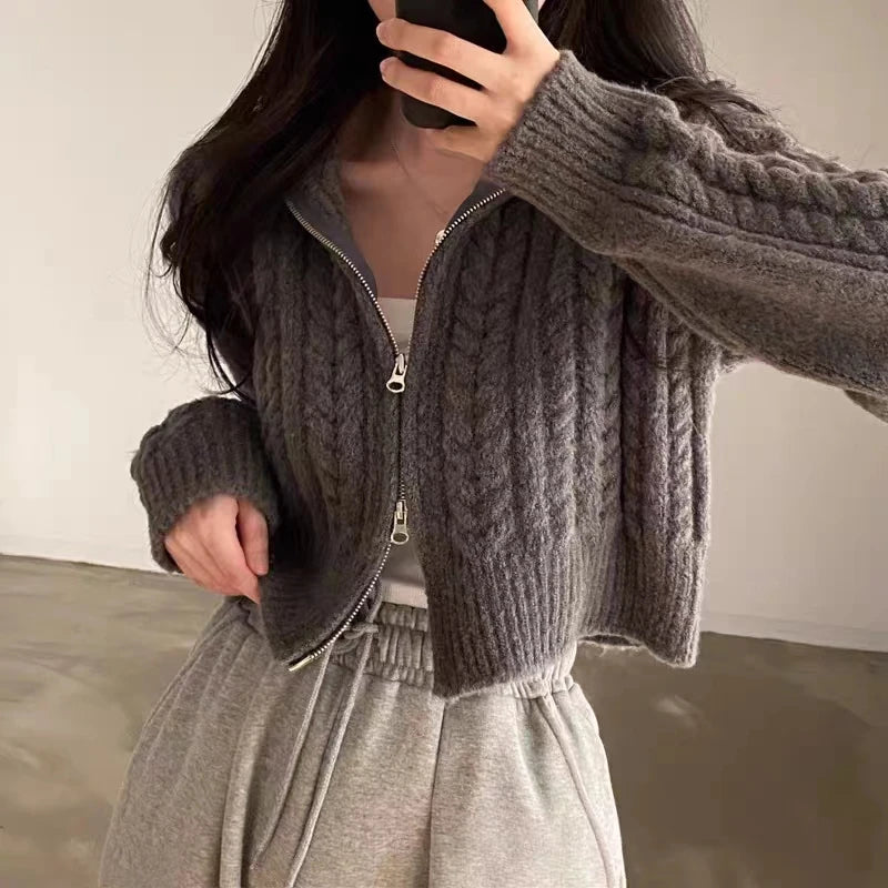 Hnewly  Chunky Knit Zip Up Cardigan for Women Zipper Front Long Sleet Sweater Coat Knitwear Crop Sweater Korean Chic Fall Winter Outfit