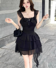 Hnewly  Woman Dress Sexy Irregular Slim Ruffles Patchwork Sleeveless Square Collar Bow Party Mini Dresses Female Fashion