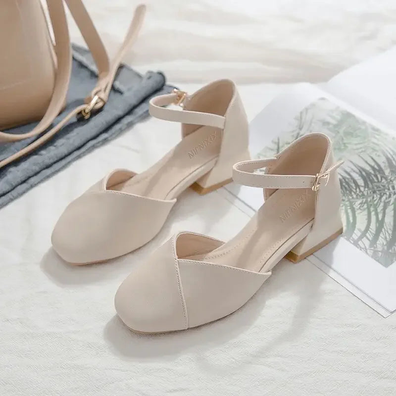 Hnewly  Sandals for Women Outdoor Summer Beige Round Toe Tip One Word Block Heel Buckles Ladies Shoes Office Work Footwear Sale F H