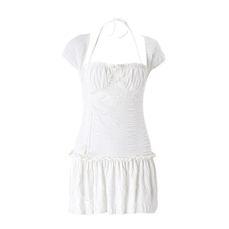 Hnewly Casual Square-neck Mini Dress Y2K Sexy Women's Sleeveless Ruffles Bow Trim Bodycon Sundresses Summer for 2025 Vestidos