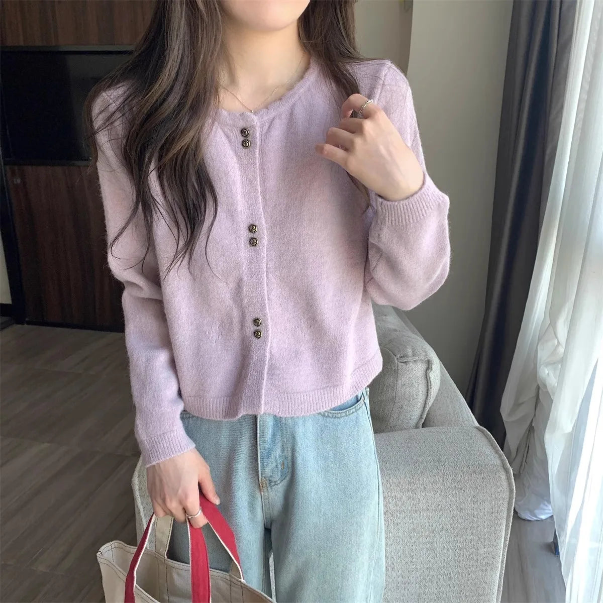 Hnewly  Sweet Short Hollowed Out Sweater Chic Buttons Long Sleeved Knitted  Cardigan Jacket Korean series Round Neck Loose Top