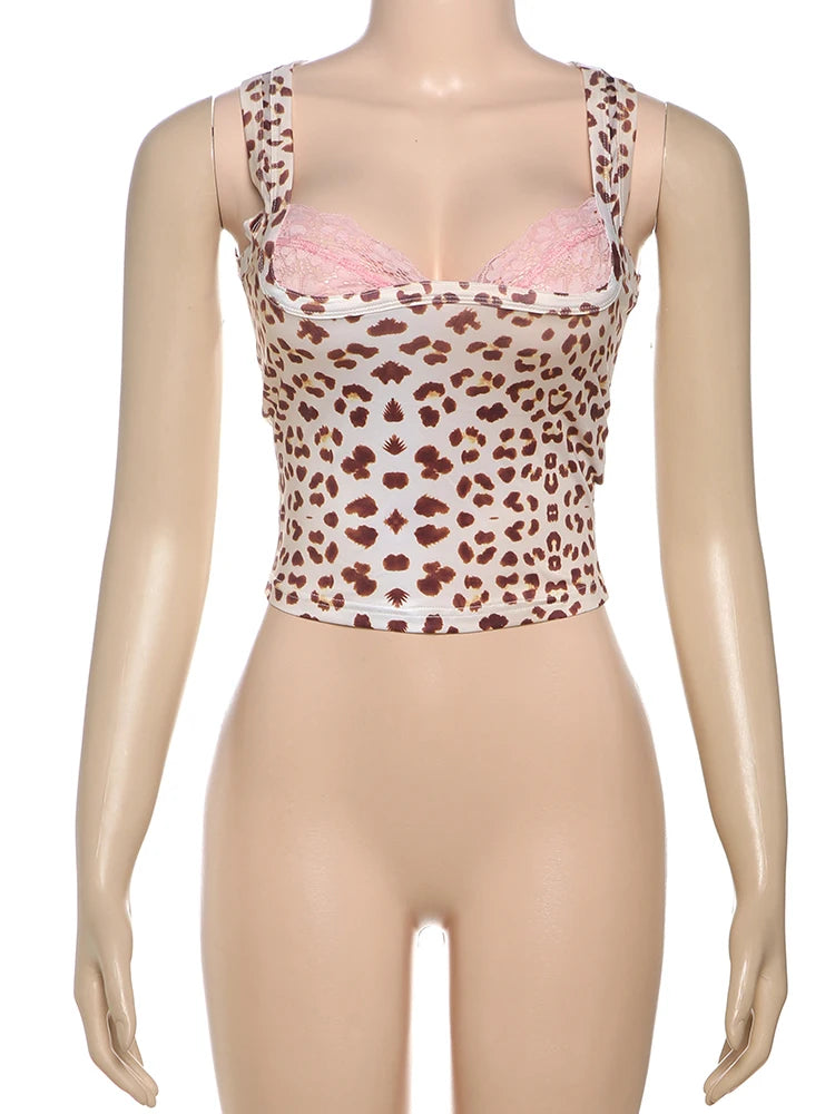Hnewly Leopard Print Fashion Tank Tops Women Mesh Patchwork Square Collar Vest Hottie Street Sexy Hipster Classic Outfits