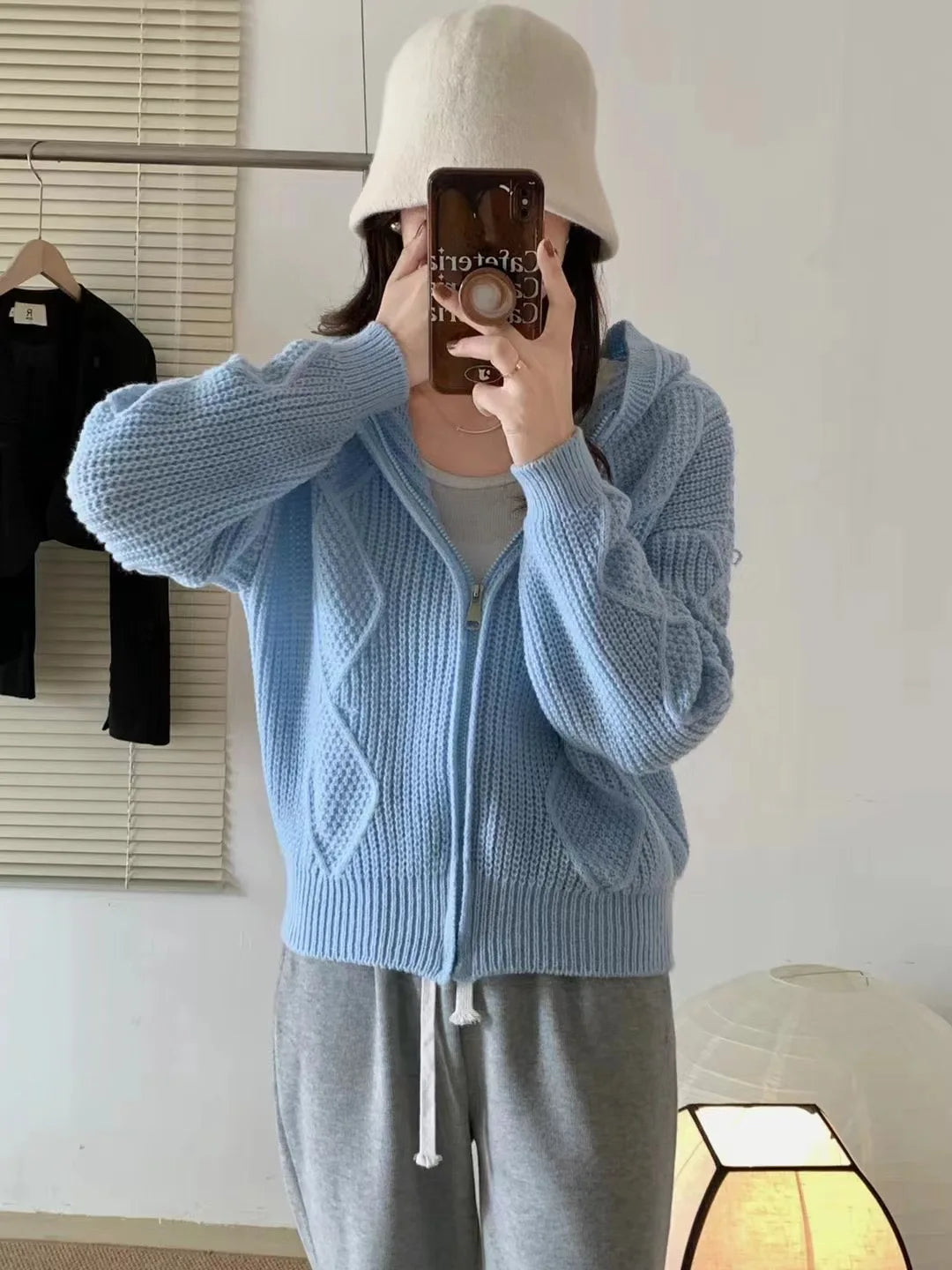 Hnewly  Women Zip Up Knit Cardigan Hooded Zipper Front Sweater Jacket Hoodie Teen-girl Fall Winter Casual Outfit