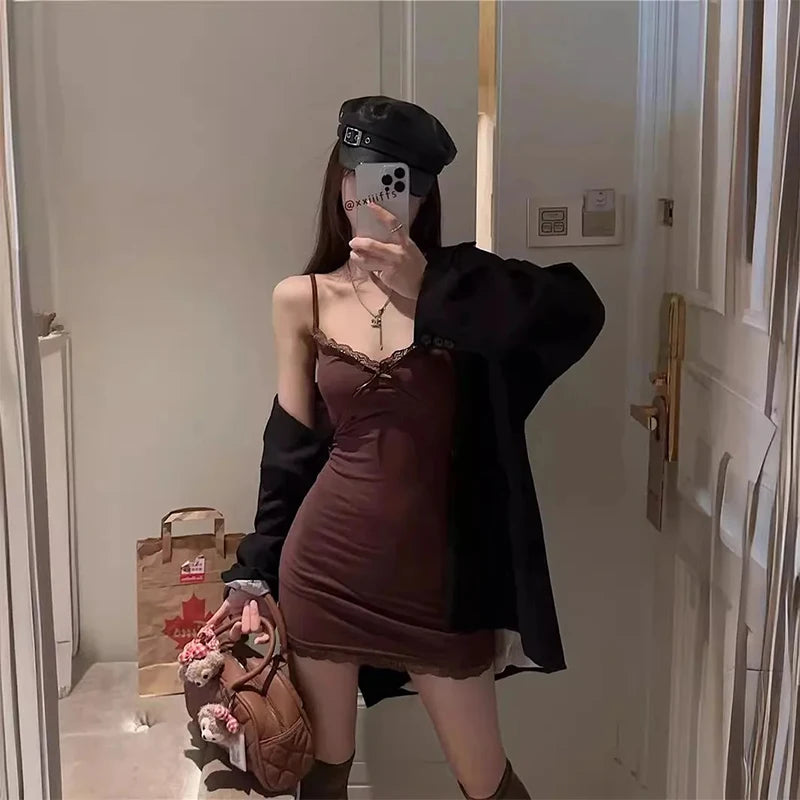 Hnewly Hot Girl Lace Suspender Dress for Women Spring and Summer with Breast Pads Sexy Slim Elegant Low Collar Bottoming Hip Skirt