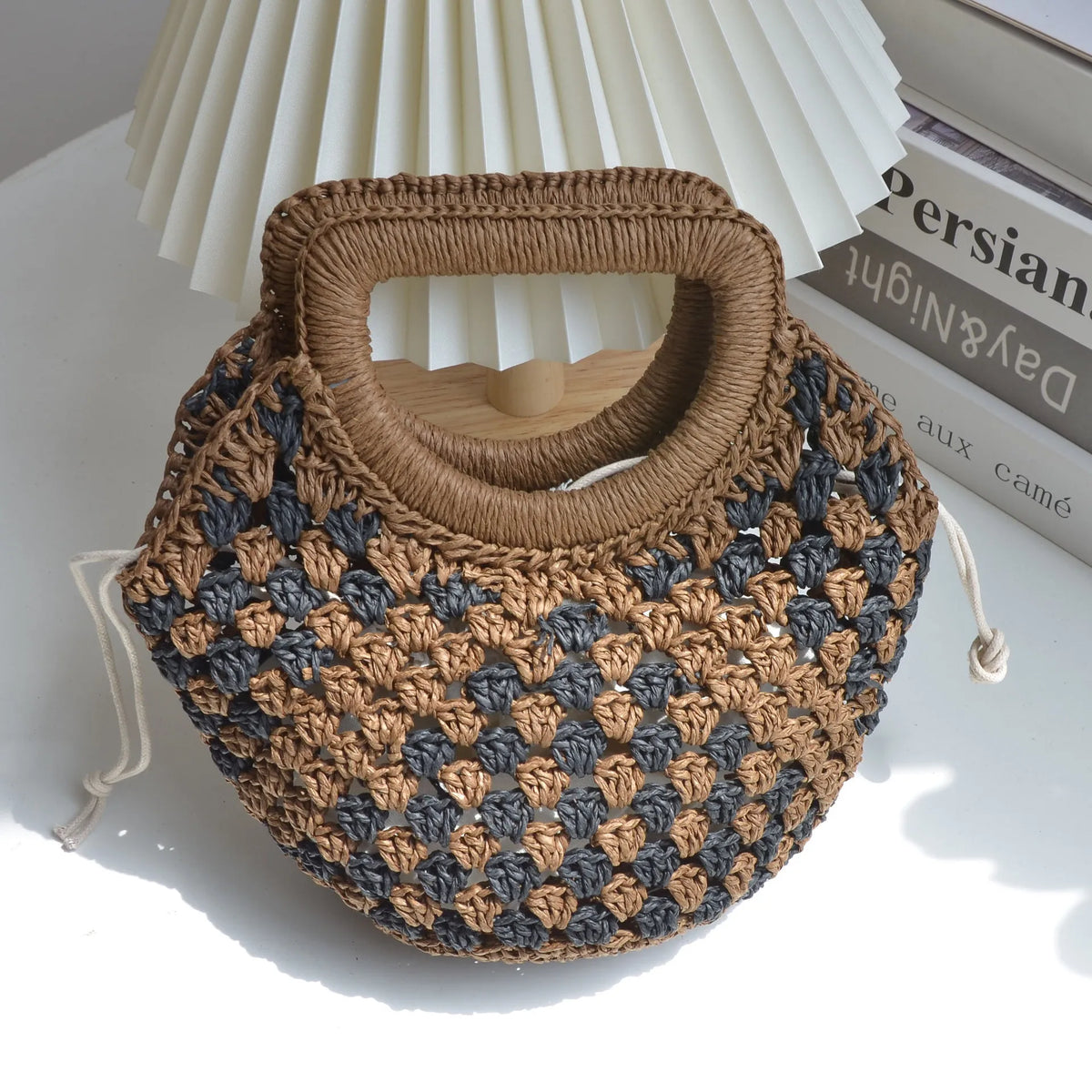 Hnewly  Luxury New Niche Retro Paper Rope Crochet Black Brown Patchwork Grass Woven Handbag for Women
