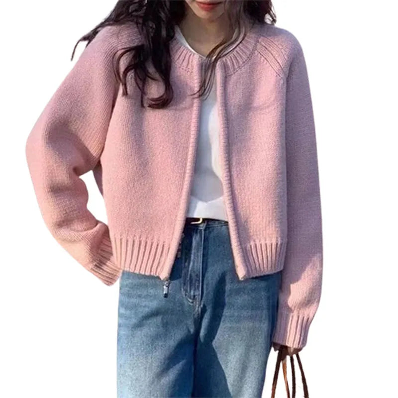 Hnewly Sweater y2k Clothes Women Soft Warm Solid Color Round Neck Zip Up Long Sleeve Knitted Tops 2000s Clothing Streetwear
