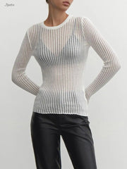 Hnewly   Sexy Thin Knit Sweater Women Solid Color Basic Pullover Top Casual Cozy Long Sleeve T-shirts 2023 Spring Summer New