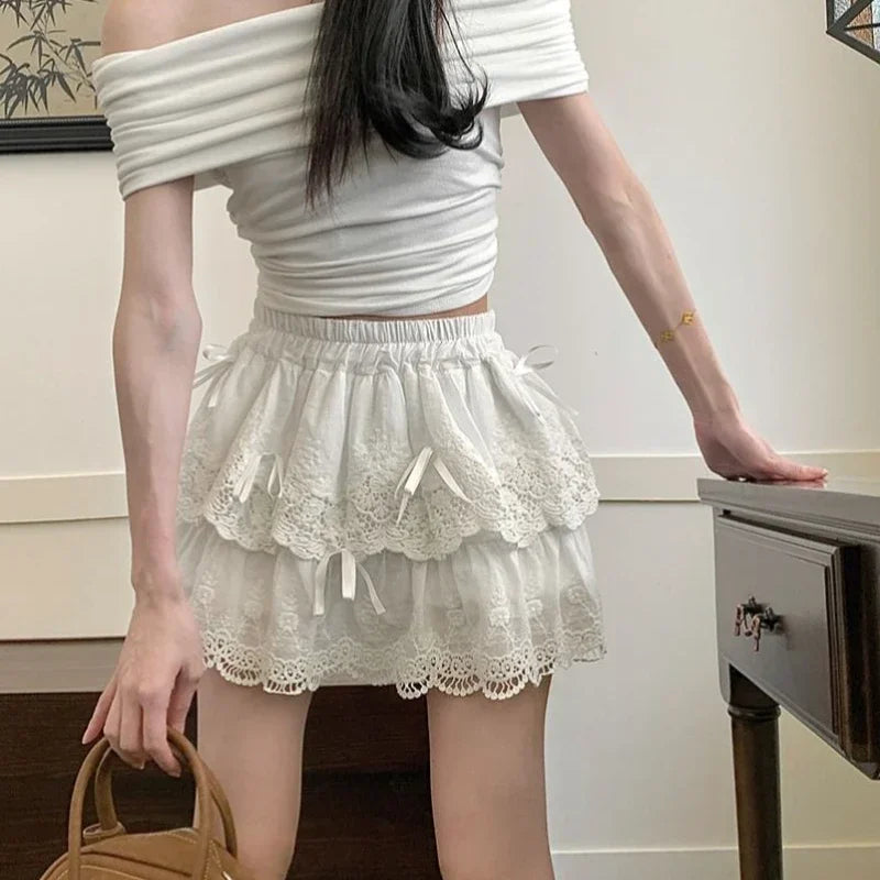 Hnewly Coquette White Lace Short Skirt Ruffle Women Sweet Bow Kawaii Mini Skirts Patchwork Layered A-line Aesthetics Skirt