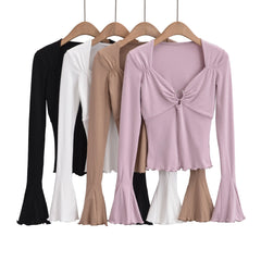 Hnewly  Long sleeve tops woman Summer outfit woman kawaii clothes t shirt for women flare sleeve top ruched t-shirts front ring