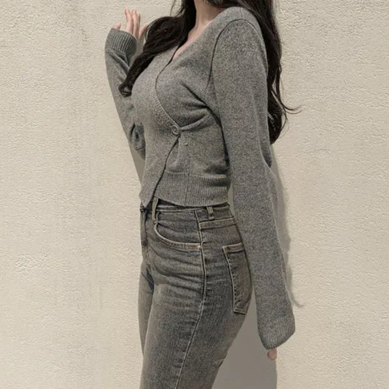 Hnewly y2k Sweaters Women Casual Solid Color V Neck Button Long Sleeve Crop Tops Cardigan Knitwear 2000s Clothing Streetwear