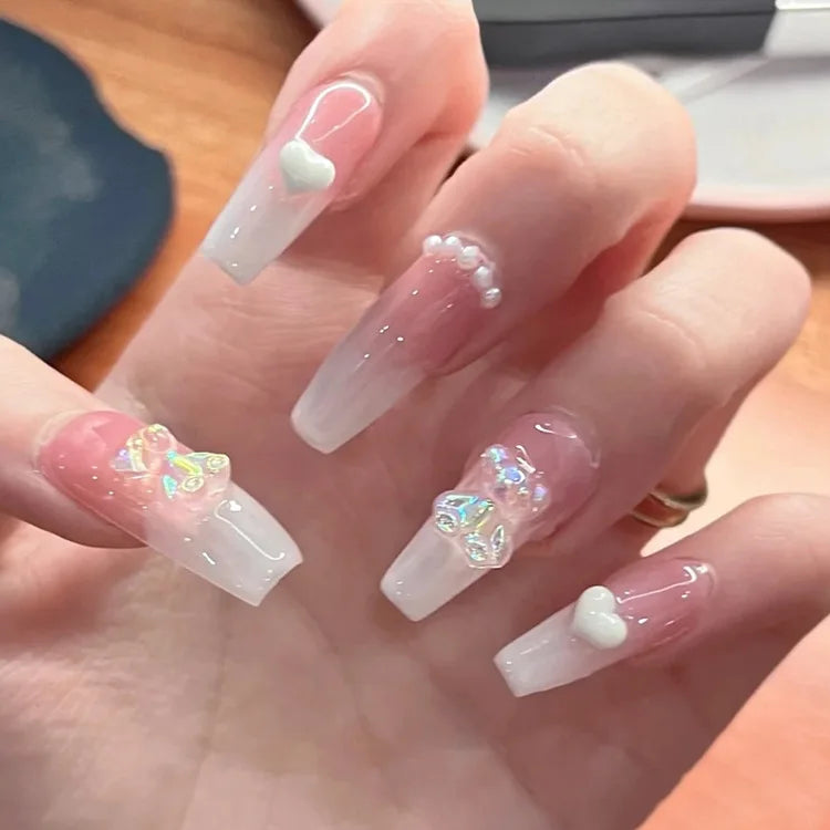 Hnewly 24Pcs/Box Gradient Color Artifical Press On Nails With Glue Long Coffin Fake Nails Lovely Girls Nail Art Ballerina False Nails