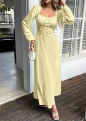 Hnewly  Autumn/winter Square Neck Long Sleeve Maxi Dress with Ruched Detail for Women, Vacation Long Sleeved Dress