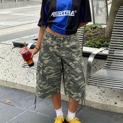 Hnewly  American Retro Cargo Bermuda Shorts Loose Knee Length Denim Shorts with Drawstring Y2K Aesthetic Grunge Streetwear Women Jorts