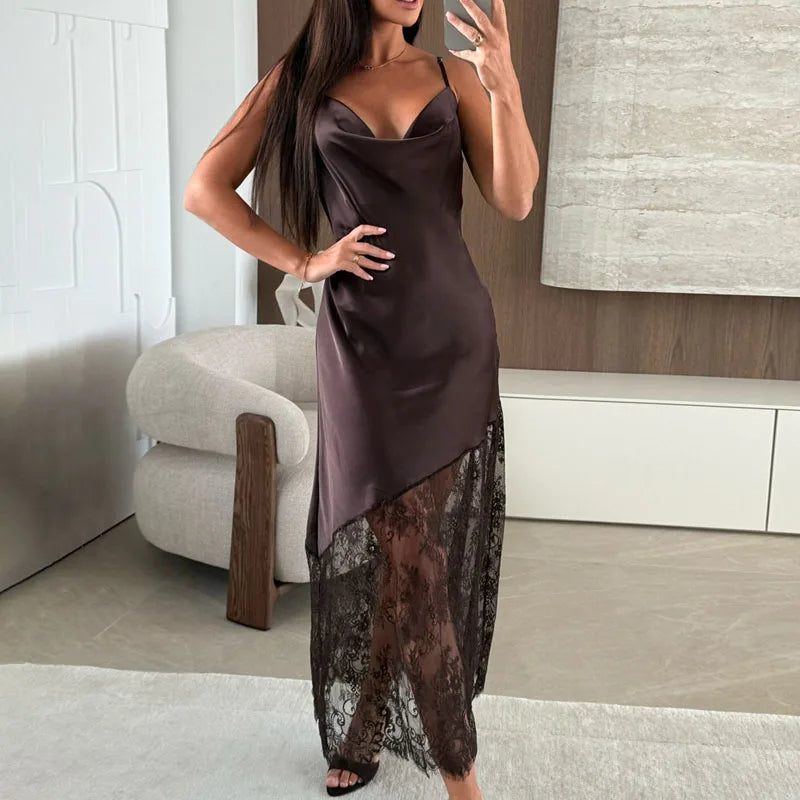 Hnewly  Fashion Off Shoulder Slim Fit Party Dress Satin Lace Patchwork Women Long Dress New Summer Minimalist Sleeveless Camisole Dress