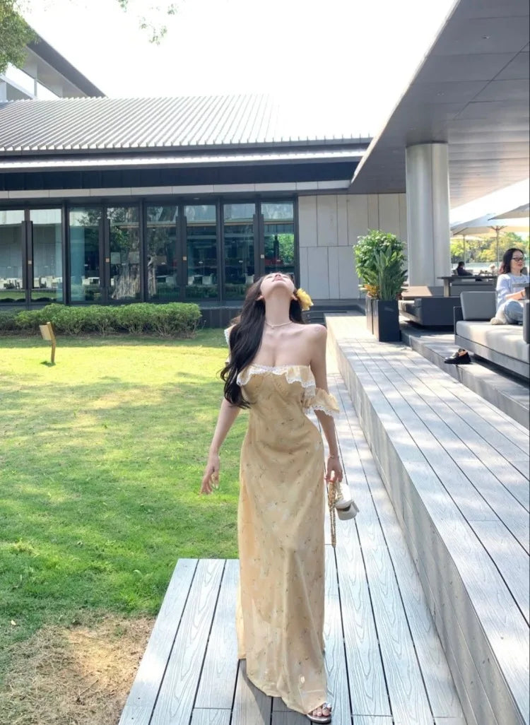Hnewly  Woman Dress Lace Patchwork Ruffles Off Shoulder Summer Fashion French Style Chic Elegant Party Dresses Female Casual