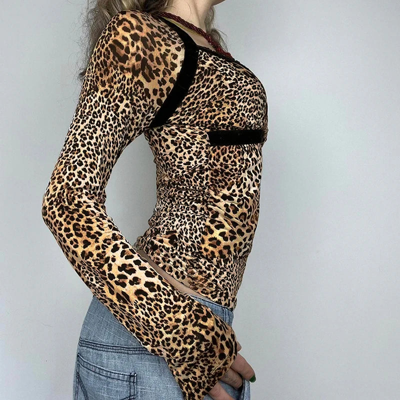 Hnewly Retro Leopard Print Crop Top y2k Vintage Square Collar Lace Stitching Full Sleeve T-shirt 2024 Autumn Harajuku Tees Lady
