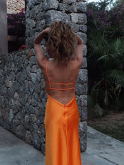 Lunivop  Orange Satin Lace Up Sling Long Dresses Women Fashion V Neck Backless Sleeveless Maxi Robe Summer Female Evening Party Club Gown