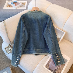 Hnewly  Beading Denim Jacket Women's Spring Autumn New Loose Versatile Short Top Elegant O-neck Long Sleeved  Single Breasted Top
