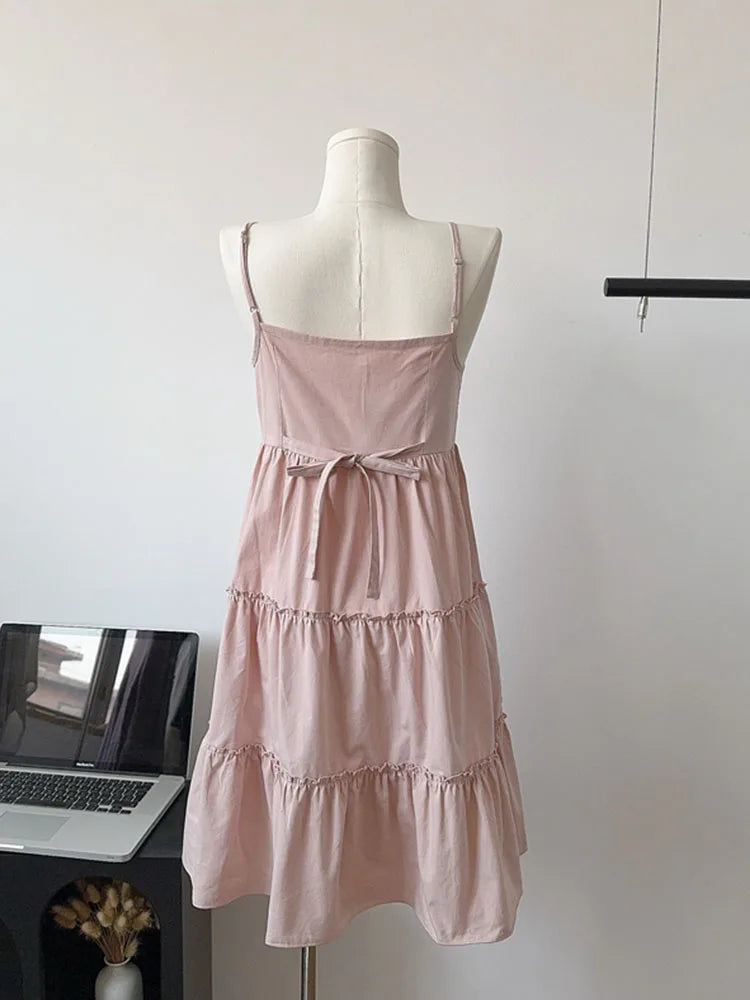Hnewly New Design Print Pink Spaghetti Strap Dress All-Match Elegant Temperament Sexy Prom Gown Sweet Bow A-Line Dress Cozy Streetwear