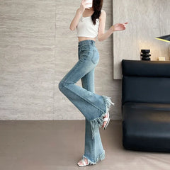 Hnewly  Women's High Waist Fringe Flare Jeans Spring Summer Slim Fit Denim Trousers Raw Hem Bootcut Long Pants