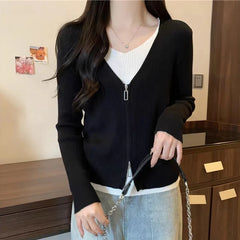 Hnewly  Fashion False Two Pieces Sweater Women Spring Autumn Mix Color V-Neck Knitted Jumpers Woman Slim Long Sleeve Pullovers Mujer