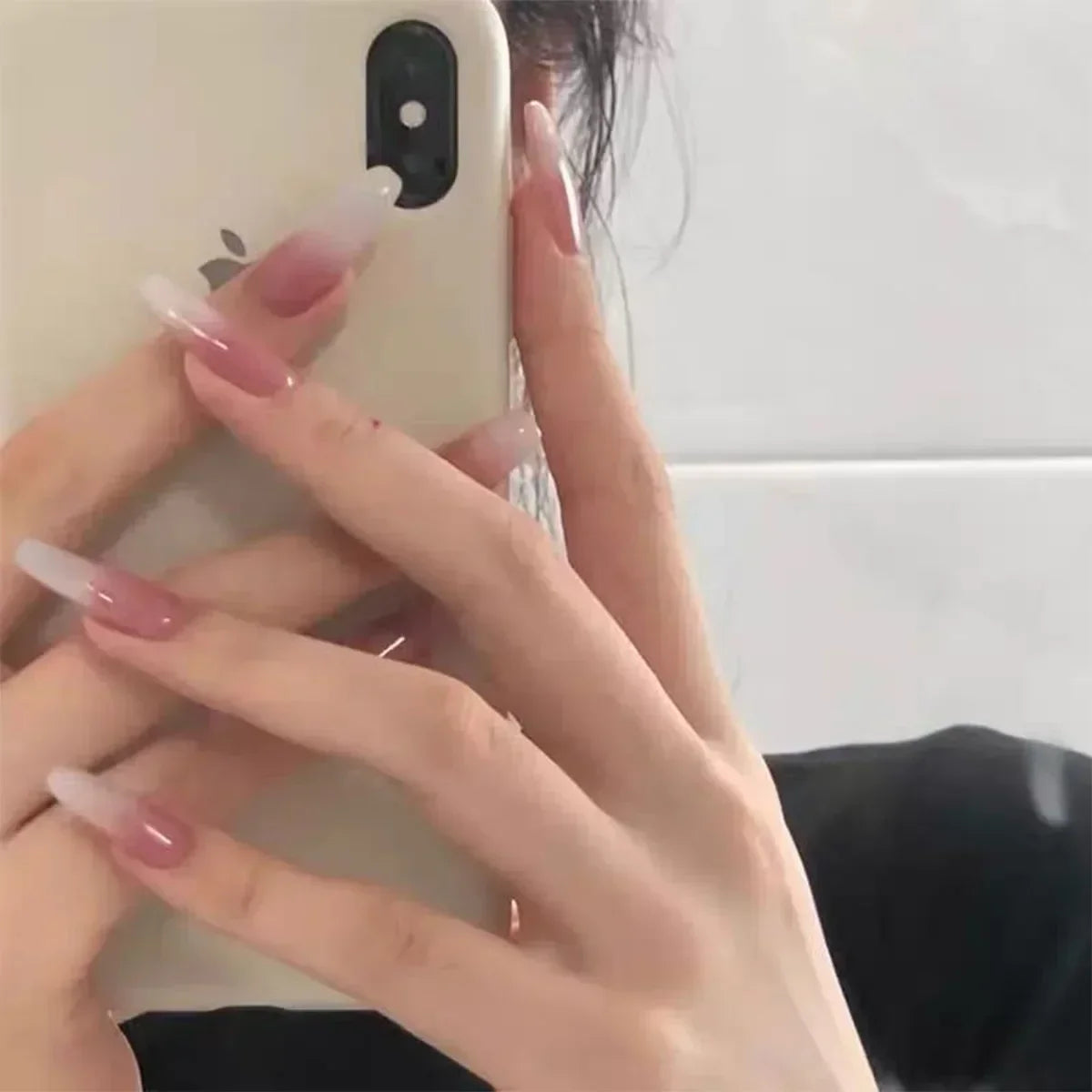 Hnewly 24Pcs False Nails French Gradient Ballet Fake Nails Press on Nails Black Heart Rhinestone Design Glitter Full Cover Nail Tips