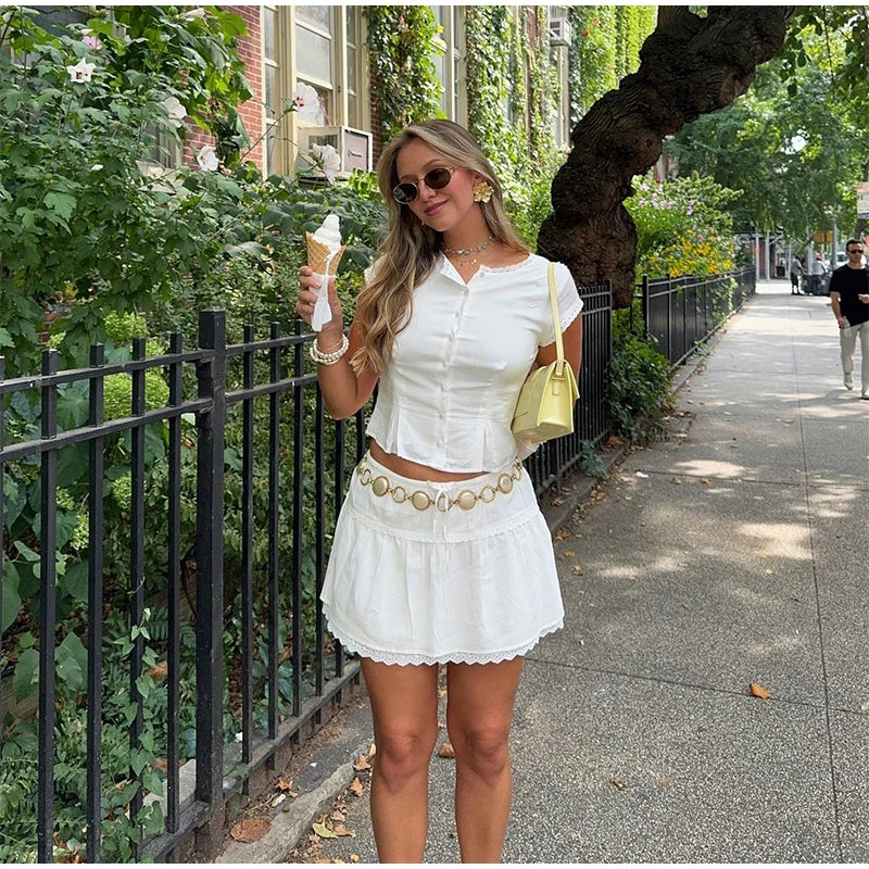 Hnewly  Casual Ruched Shirt Skirt Sets Women O-neck Short Sleeve Crop Blouses Spliced A-line Skirts Summer Lady Vacation Outfits