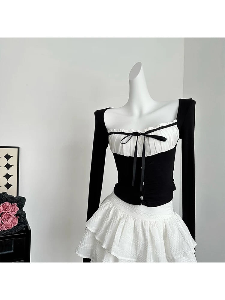Hnewly Sweet Romantic 2000s Aesthetics Fashion Gyaru Outfits 2 Piece Set Plaid Square Collar Crop Tops Lace Up + White A-Line Skirts