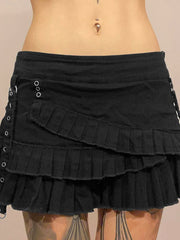 Hnewly rave inspo outfits Punk Gothic Black Eyelet Ribbon Denim Skirt Women Low Waist Asymmetrical Tiered Pleated Short Jean Skirts Y2K